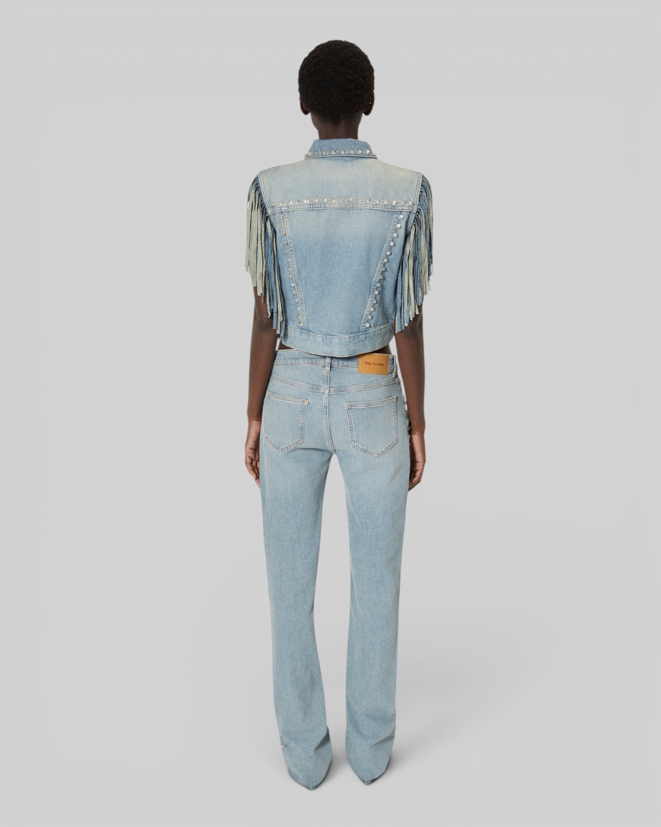 Blue denim jacket with bangs and studs