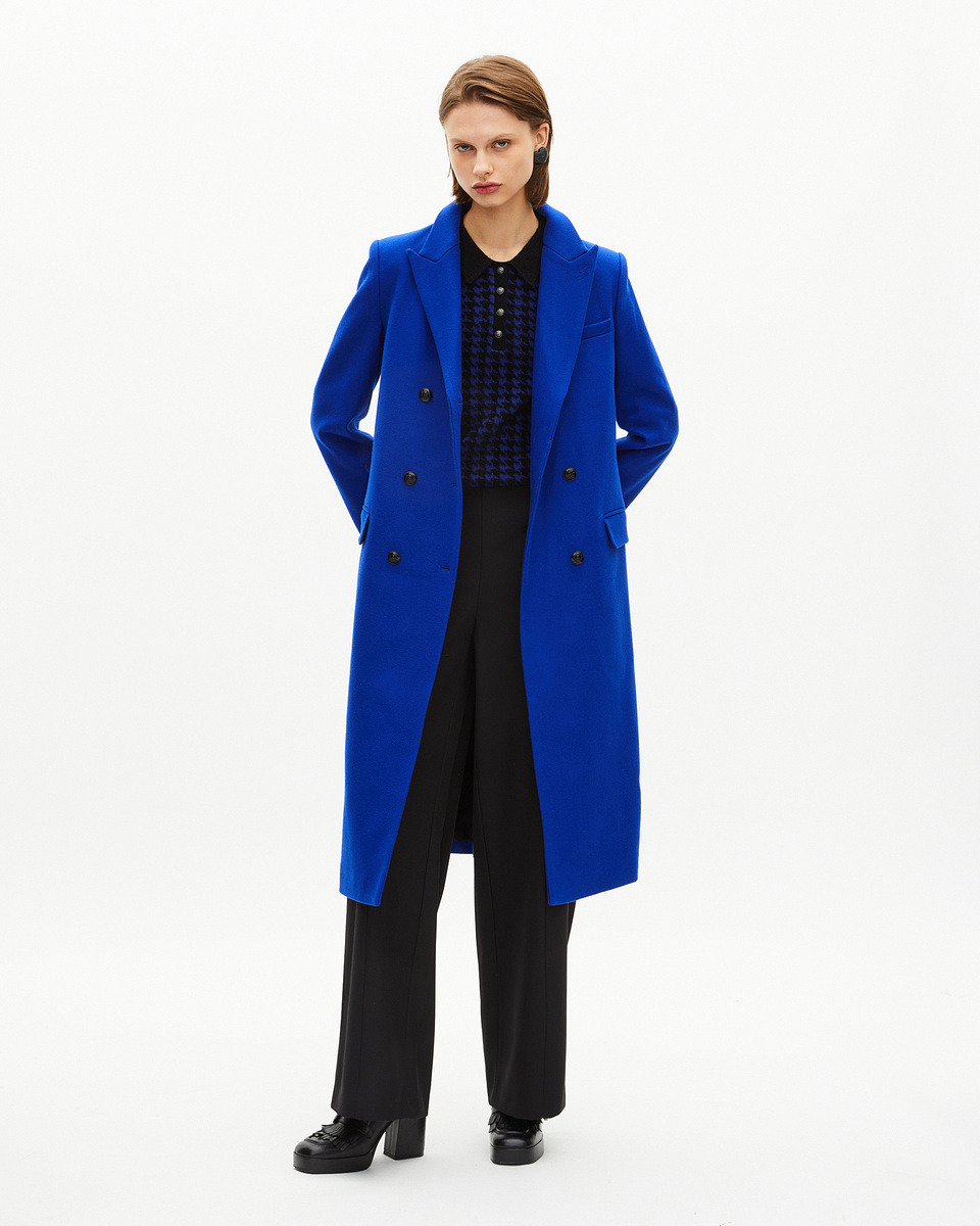 Long electric blue wool double-breasted coat