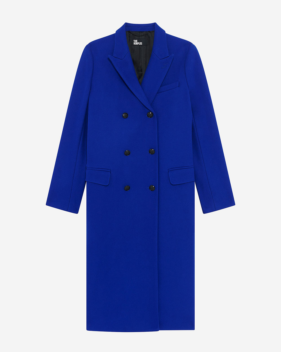Long electric blue wool double-breasted coat