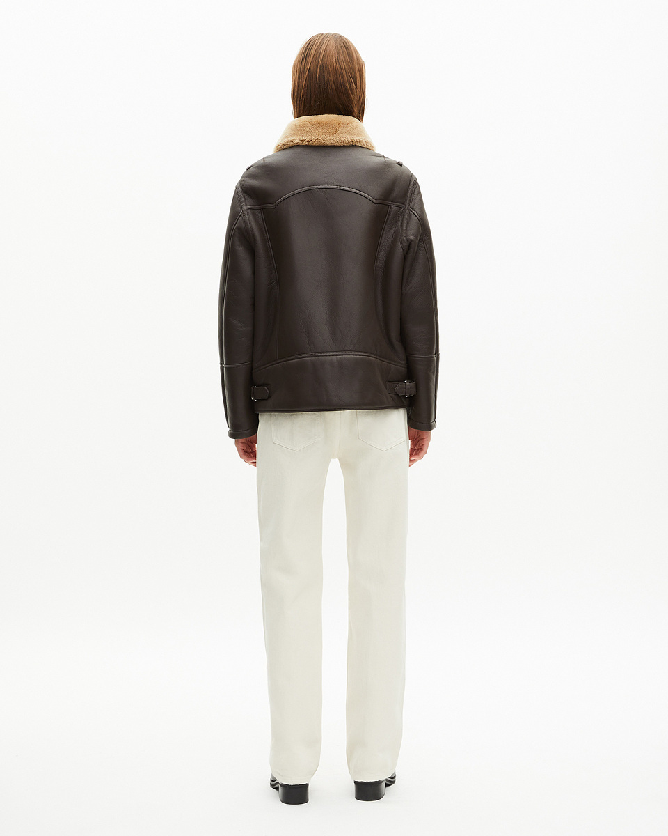 Short sheepskin with brown sherpa collar