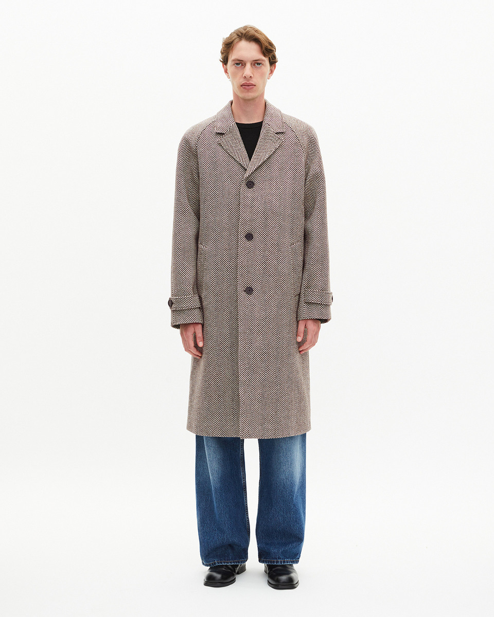 Long brown wool herringbone coat
