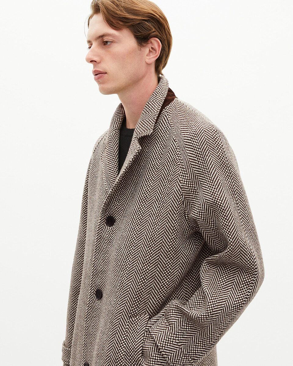 Long brown wool herringbone coat