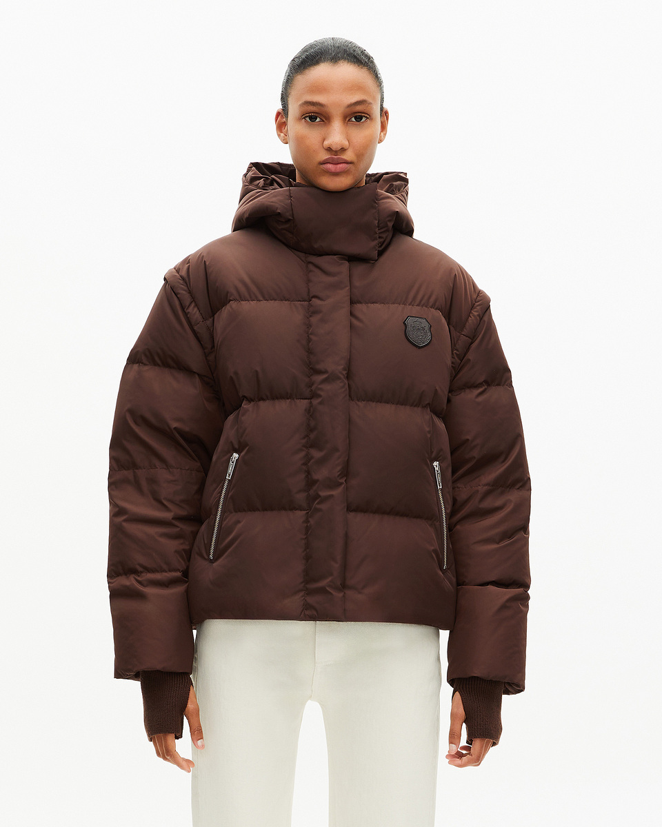 Brown down jacket with removable sleeves