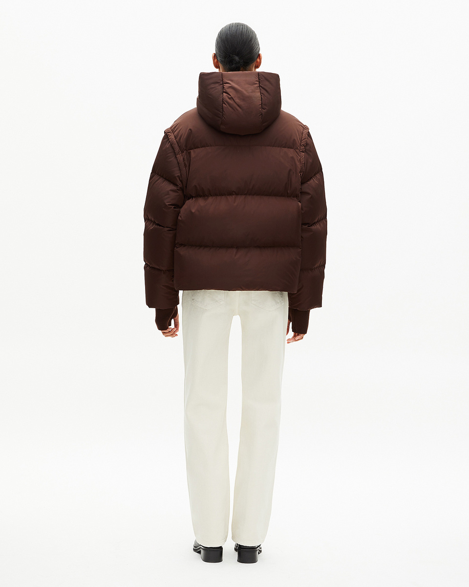 Brown down jacket with removable sleeves