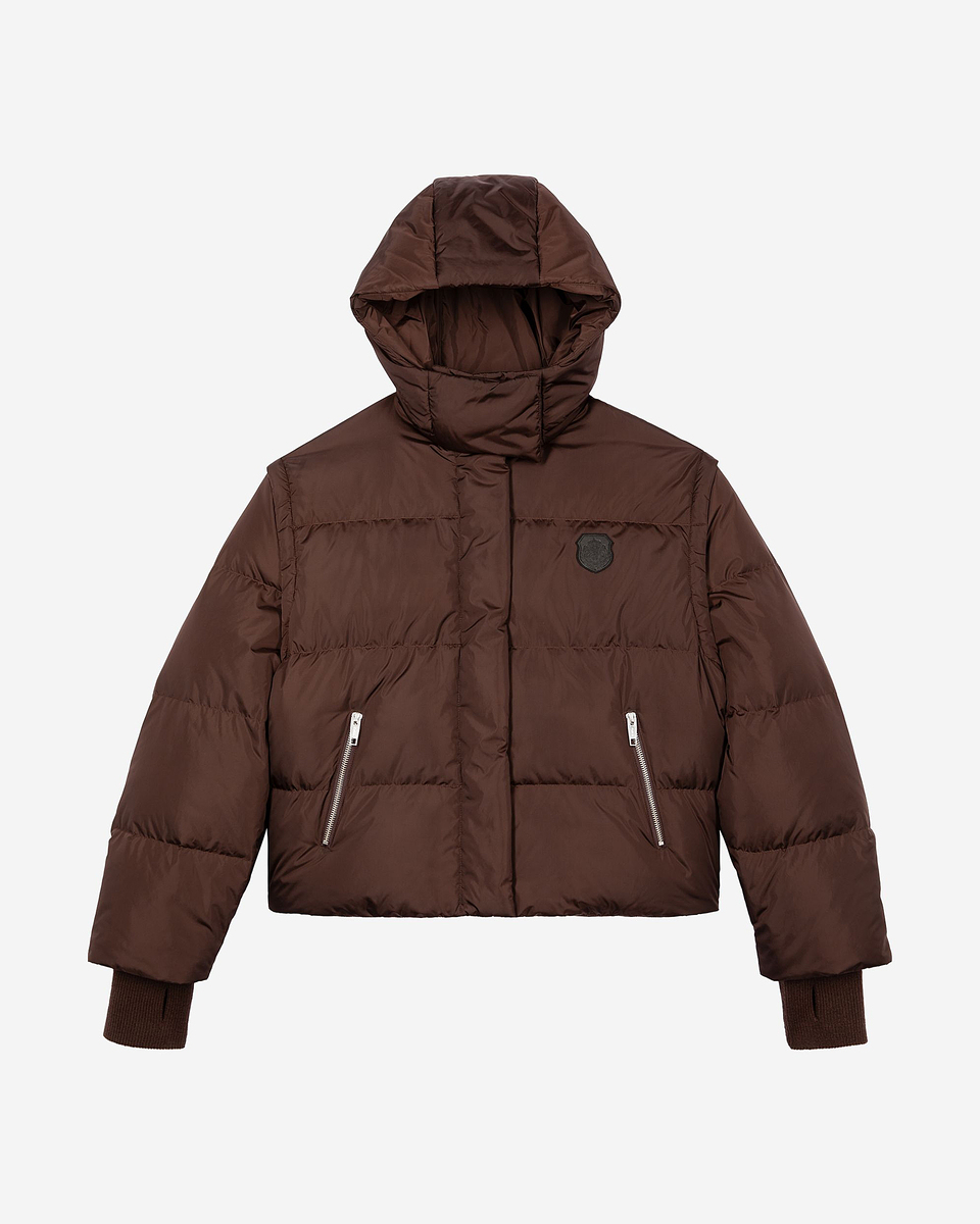 Brown down jacket with removable sleeves