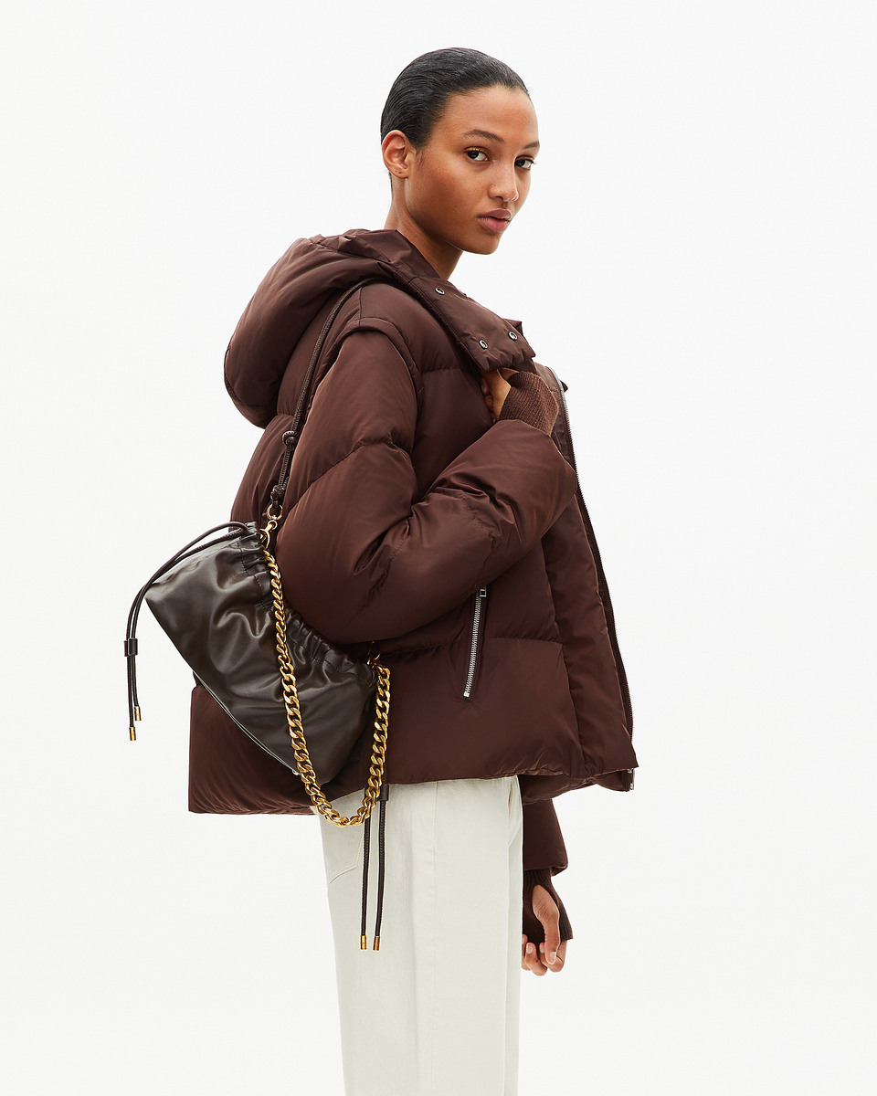 Brown down jacket with removable sleeves