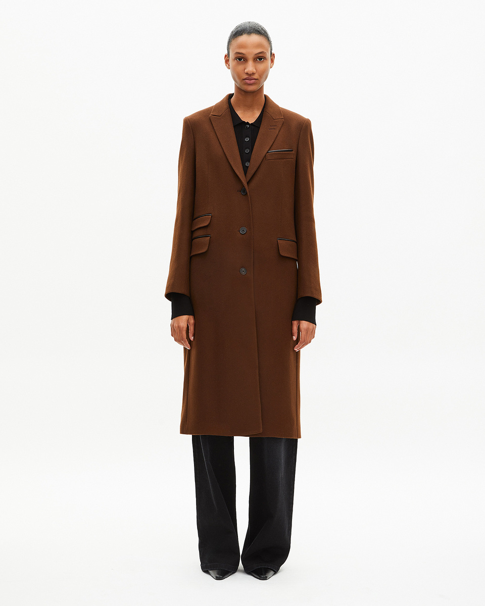 Long wool coat with brown leather details
