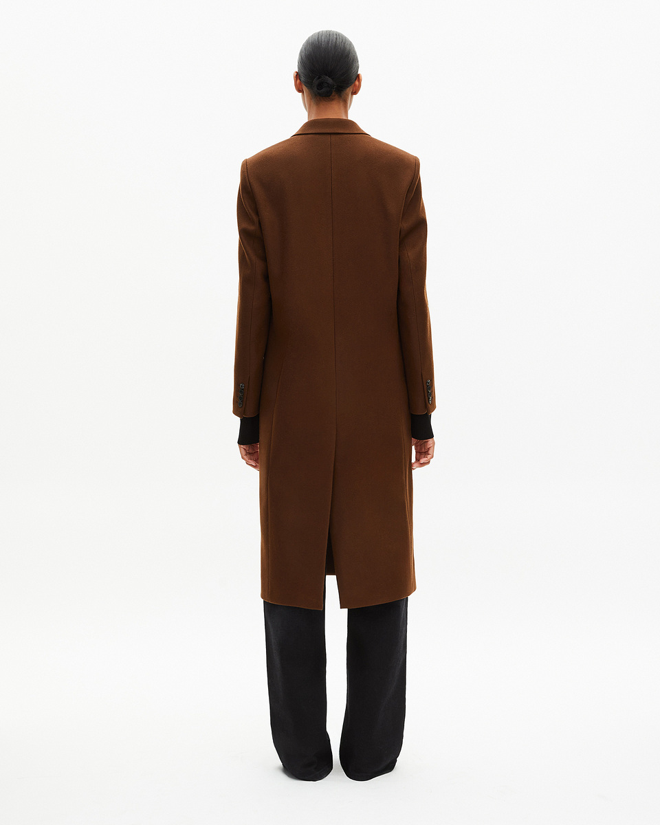 Long wool coat with brown leather details