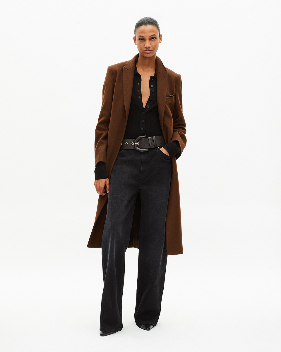Long wool coat with brown leather details