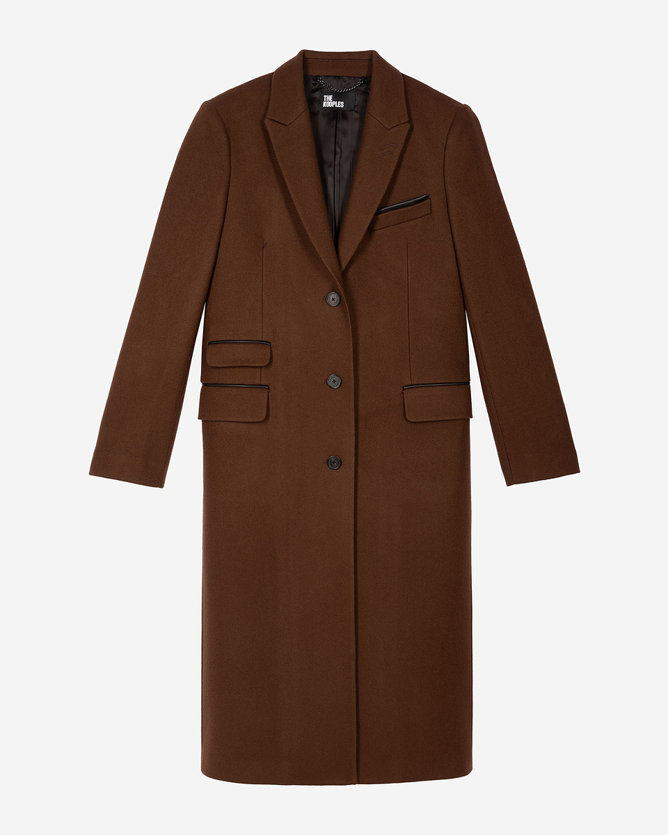 Long wool coat with brown leather details