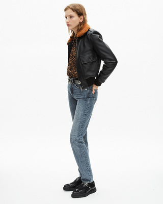 Short black smooth leather jacket with sherpa collar