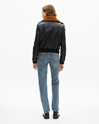 Short black smooth leather jacket with sherpa collar