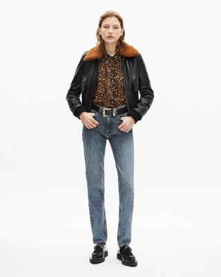 Short black smooth leather jacket with sherpa collar