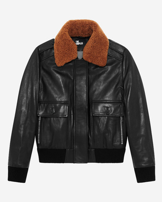 Short black smooth leather jacket with sherpa collar