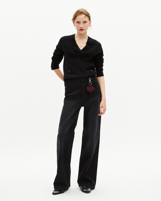 Black merino wool V-neck sweater