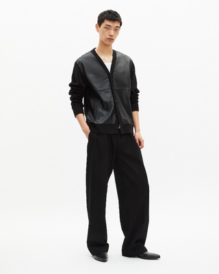Two-material button-down cardigan with black leather