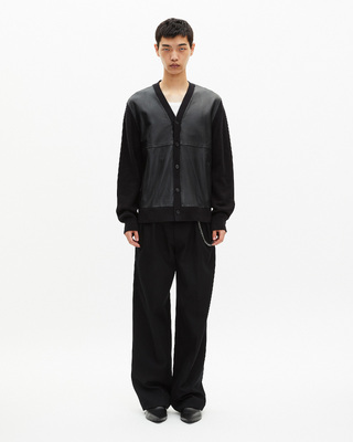 Two-material button-down cardigan with black leather