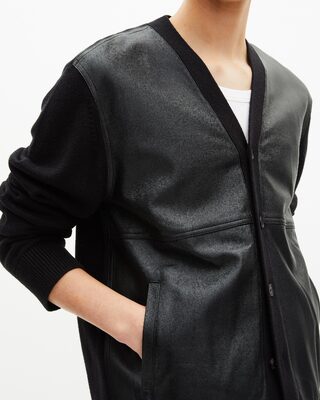 Two-material button-down cardigan with black leather