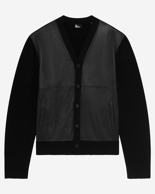 Two-material button-down cardigan with black leather