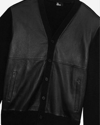 Two-material button-down cardigan with black leather