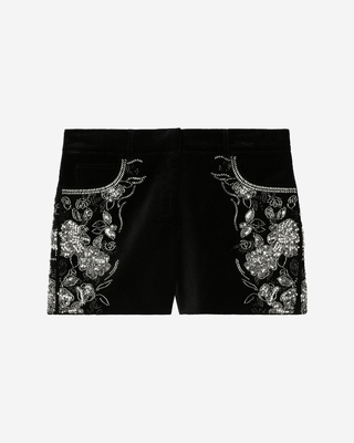 Black velvet shorts embroidered with rhinestones and pearls