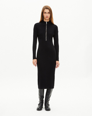 Long black wool-blend dress with zipped collar
