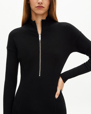 Long black wool-blend dress with zipped collar