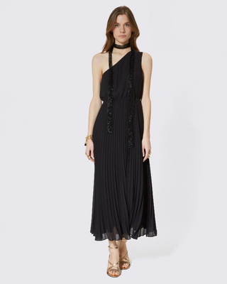 Black asymmetrical pleated maxi dress