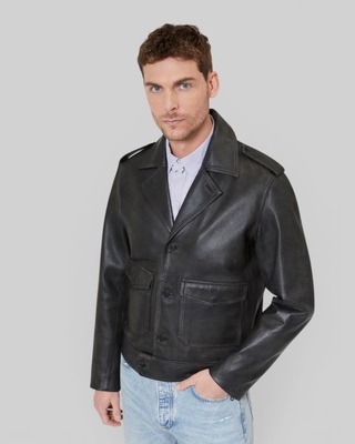 Black leather button-down jacket