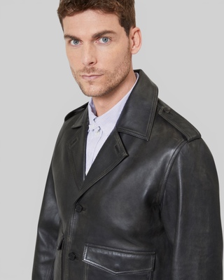 Black leather button-down jacket