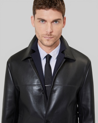 Black leather button-down jacket