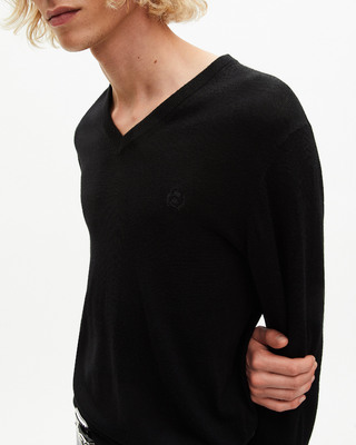 Black merino wool V-neck sweater