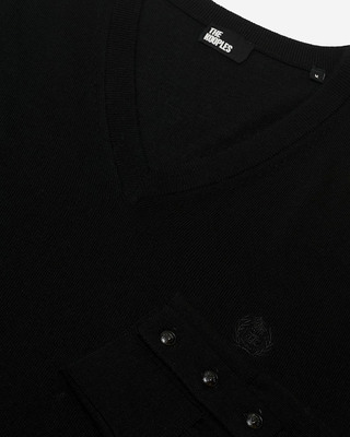 Black merino wool V-neck sweater