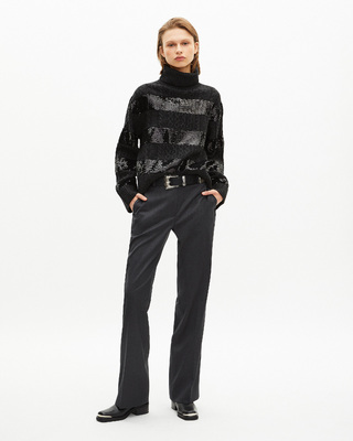 Dark grey turtleneck sweater with sequin stripes