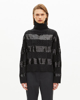 Dark grey turtleneck sweater with sequin stripes