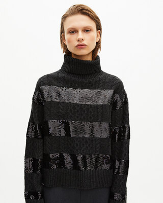 Dark grey turtleneck sweater with sequin stripes