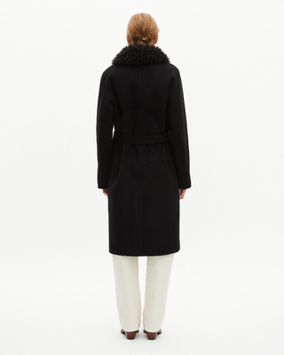 Long double-sided wool coat with black sherpa collar