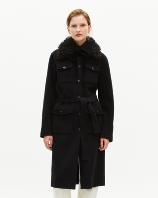 Long double-sided wool coat with black sherpa collar