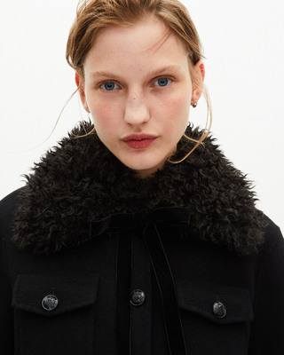Long double-sided wool coat with black sherpa collar