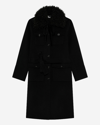 Long double-sided wool coat with black sherpa collar