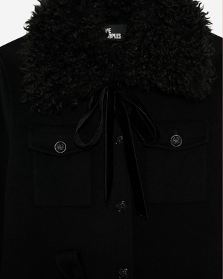 Long double-sided wool coat with black sherpa collar