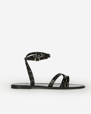 Black leather flat sandals with eyelets