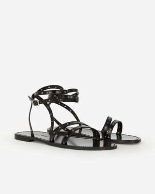 Black leather flat sandals with eyelets