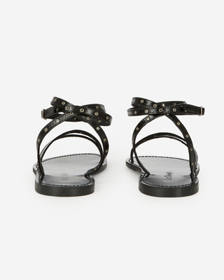 Black leather flat sandals with eyelets