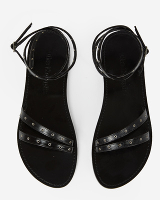 Black leather flat sandals with eyelets