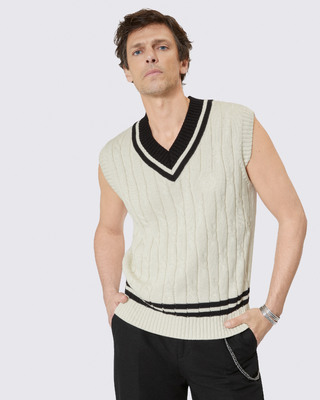 Beige cabled sleeveless sweater
