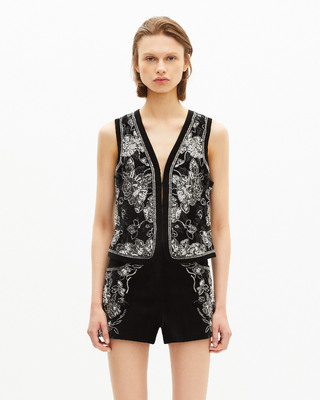 Black embroidered velvet vest