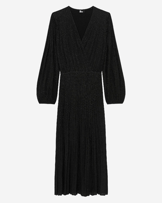 Pleated long dress in black lurex