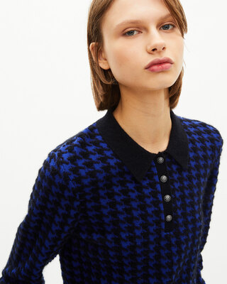 Blue wool blend houndstooth polo neck sweater