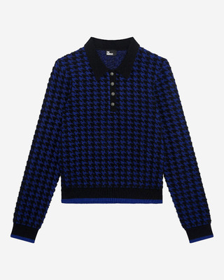 Blue wool blend houndstooth polo neck sweater